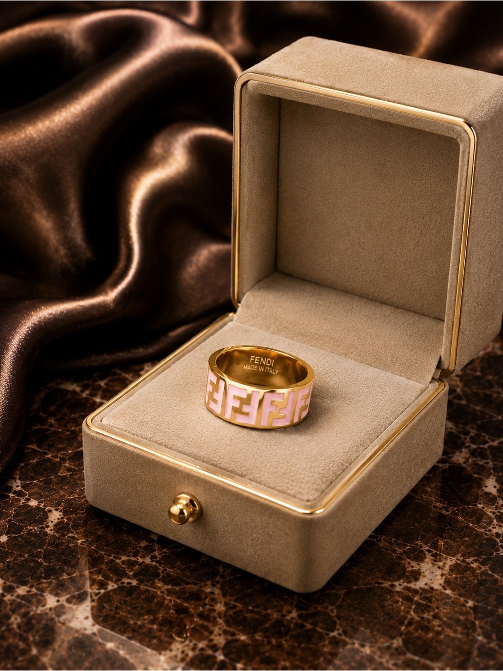 Gold Band Ring with Pink Enamel FF Motif
